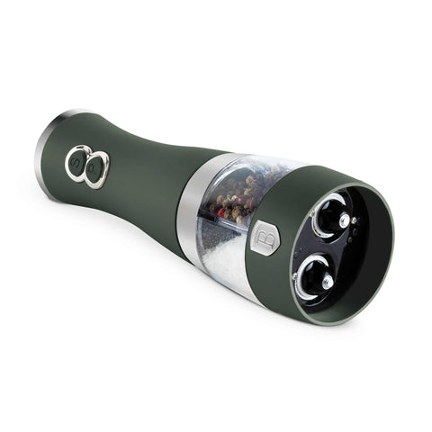 Product image of 2in1 electric pepper and salt mill. Part of the Matte Green Collection . Features: • Material: stainless steel with CERAMIC grinder • Batteries: 4 pcs AA (not inc.) • Color: matt green. (Studio view). Official Berlinger Haus product, boosted by Promintra sl.
