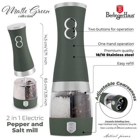 Product image of 2in1 electric pepper and salt mill. Part of the Matte Green Collection . Features: • Material: stainless steel with CERAMIC grinder • Batteries: 4 pcs AA (not inc.) • Color: matt green. (Studio view). Official Berlinger Haus product, boosted by Promintra sl.