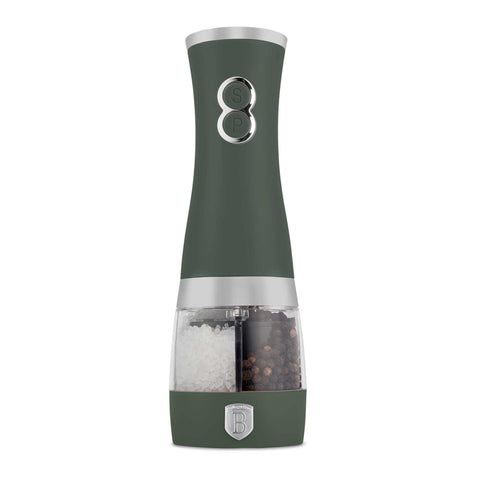 Product image of 2in1 electric pepper and salt mill. Part of the Matte Green Collection . Features: • Material: stainless steel with CERAMIC grinder • Batteries: 4 pcs AA (not inc.) • Color: matt green. (Studio view). Official Berlinger Haus product, boosted by Promintra sl.