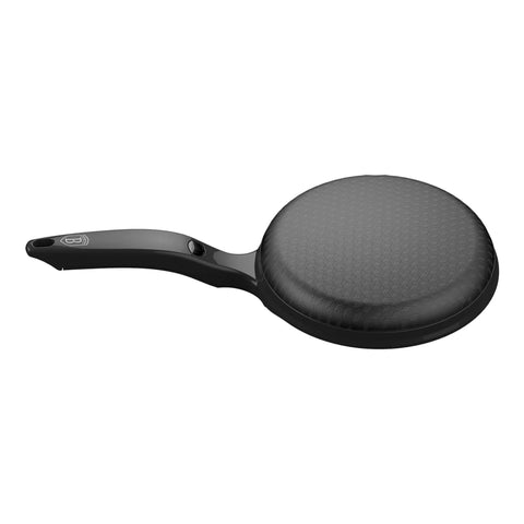 Product image of Electric pancake maker. Part of the Black Vantage Collection/Matte Black Collection/Black Silver Collection . Features: • Material: aluminium with non-stick coating • 220-240V,50/60Hz, 600 W • Diameter: 20 cm • Accessory: plastic plate (white) • Color: black. (Studio view). Official Berlinger Haus product, boosted by Promintra sl.