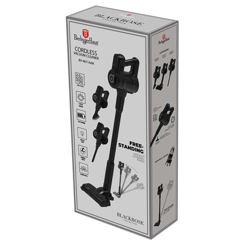 Product image of Vacuum cleaner. Part of the Black Rose Collection . Features: • Voltage: 22,2 V (Li-ION battery) • 165 W • 12Kpa powerful suction • Accessories: • 2 in 1 brush with LED ligths • Long crevice tool • Sofa brush .... (Studio view). Official Berlinger Haus product, boosted by Promintra sl.