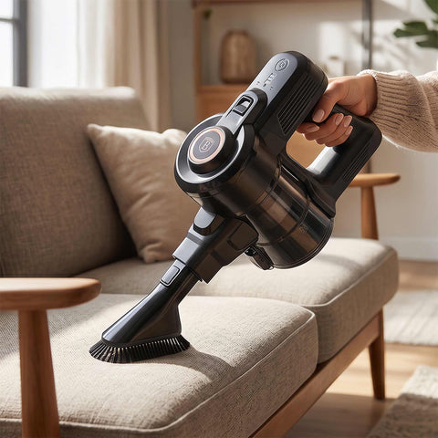 Product image of Vacuum cleaner. Part of the Black Rose Collection . Features: • Voltage: 22,2 V (Li-ION battery) • 165 W • 12Kpa powerful suction • Accessories: • 2 in 1 brush with LED ligths • Long crevice tool • Sofa brush .... (Studio view). Official Berlinger Haus product, boosted by Promintra sl.