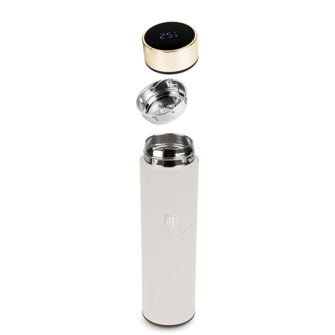 Product image of Drinking bottle with LED temperature display 0,5L. Part of the Sahara Collection . Features: • Material: inner body 18/10 stainless steel with matt powder coating • Capacity: 0,5 L • 18/10 stainless steel purifying filter • Color: matt crea.... (Studio view). Official Berlinger Haus product, boosted by Promintra sl.