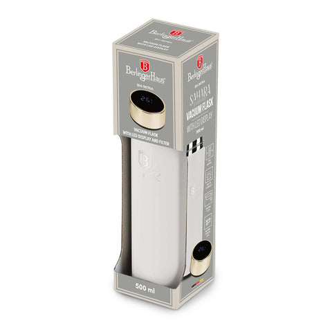Product image of Drinking bottle with LED temperature display 0,5L. Part of the Sahara Collection . Features: • Material: inner body 18/10 stainless steel with matt powder coating • Capacity: 0,5 L • 18/10 stainless steel purifying filter • Color: matt crea.... (Studio view). Official Berlinger Haus product, boosted by Promintra sl.