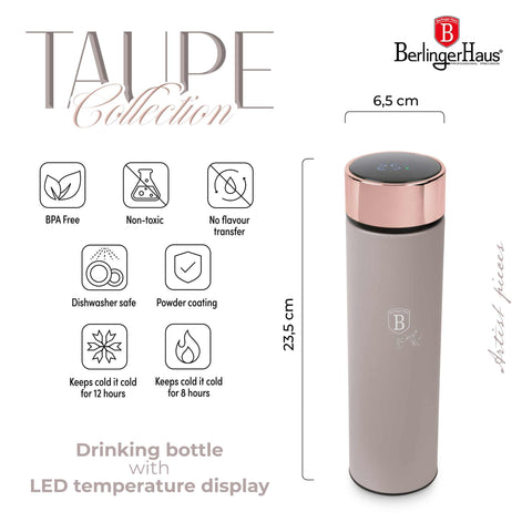 Product image of Drinking bottle with LED temperature display 0,5L. Part of the Taupe Collection . Features: • Material: inner body 18/10 stainless steel with matt powder coating • Capacity: 0,5 L • 18/10 stainless steel purifying filter • Color: matt taup.... (Studio view). Official Berlinger Haus product, boosted by Promintra sl.