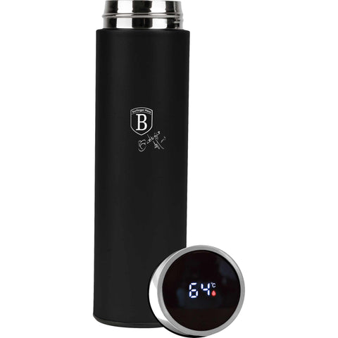 Product image of Drinking bottle with LED temperature display 0,5L. Part of the Matte Black Collection . Features: • Material: inner body 18/10 stainless steel with matt powder coating • Capacity: 0,5 L • 18/10 stainless steel purifying filter • Color: black- si.... (Studio view). Official Berlinger Haus product, boosted by Promintra sl.