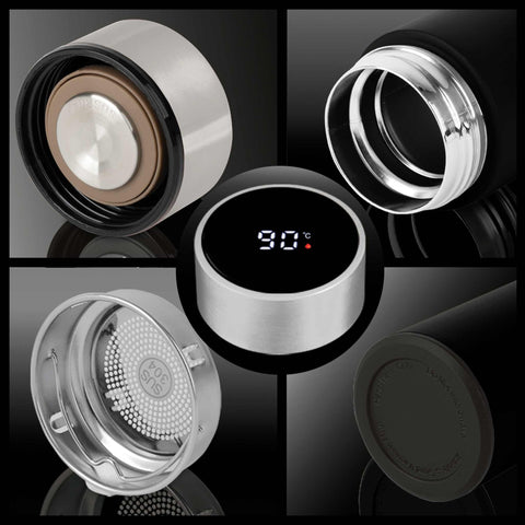Product image of Drinking bottle with LED temperature display 0,5L. Part of the Matte Black Collection . Features: • Material: inner body 18/10 stainless steel with matt powder coating • Capacity: 0,5 L • 18/10 stainless steel purifying filter • Color: black- si.... (Studio view). Official Berlinger Haus product, boosted by Promintra sl.