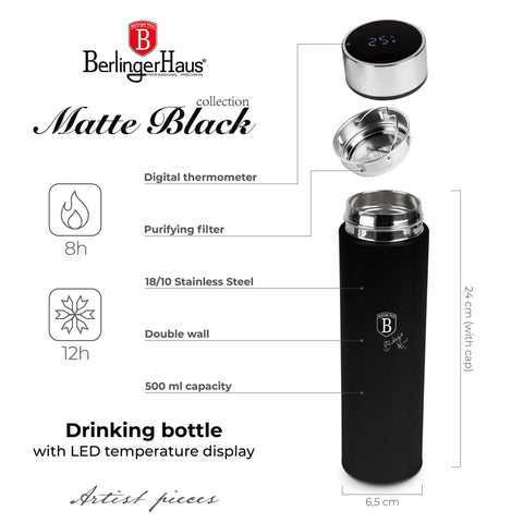 Product image of Drinking bottle with LED temperature display 0,5L. Part of the Matte Black Collection . Features: • Material: inner body 18/10 stainless steel with matt powder coating • Capacity: 0,5 L • 18/10 stainless steel purifying filter • Color: black- si.... (Studio view). Official Berlinger Haus product, boosted by Promintra sl.