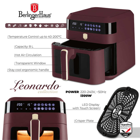  BH/9687, Freidora de aire 6,3L con ventana visible, Burdeos mate, freidora de aire, eléctrica, freidora de aire digital, freidora de aire, freidora de aire sin aceite, freidora de aire con ventana, electrodomésticos de cocina