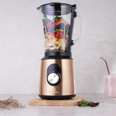 Product image of Table blender with 1,5L GLASS jar 1000W. Part of the Metallic Line Rose Gold Edition . Features: • Material: stainless steel, glass, plastic • Power: 1000 W • Voltage: 220-240V, 50-60 Hz • 1,5 L glass jar with double safety lock system (both on.... (Studio view). Official Berlinger Haus product, boosted by Promintra sl.