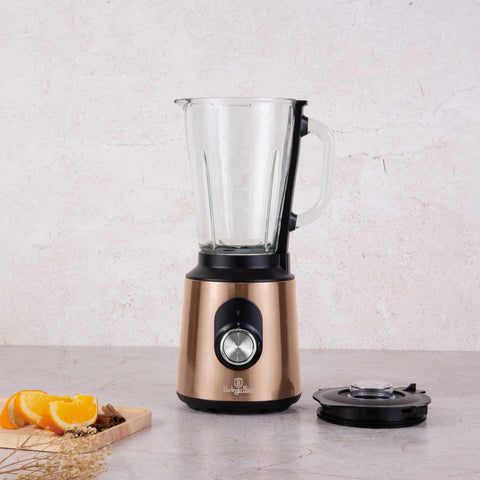 Product image of Table blender with 1,5L GLASS jar 1000W. Part of the Metallic Line Rose Gold Edition . Features: • Material: stainless steel, glass, plastic • Power: 1000 W • Voltage: 220-240V, 50-60 Hz • 1,5 L glass jar with double safety lock system (both on.... (Studio view). Official Berlinger Haus product, boosted by Promintra sl.