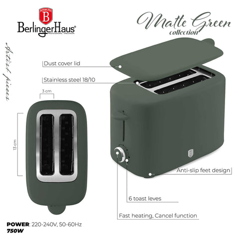  BH/9705, Tostadora con tapa, Verde Mate, Tostadora eléctrica, Tostadora, Dos rebanadas, Ranura ancha, Electrodomésticos de cocina