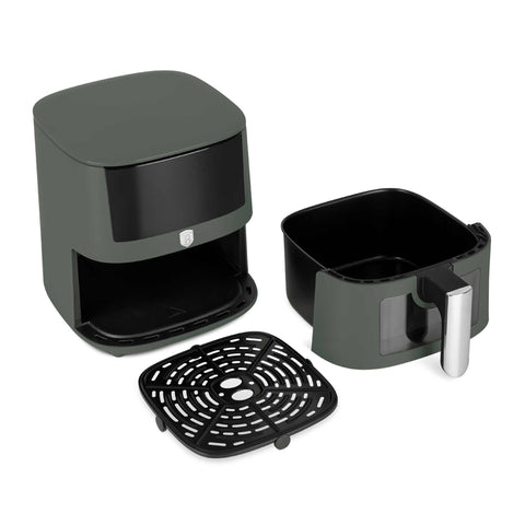 Product image of Air fryer 8L visible window. Part of the Matte Green Collection . Features: • Power: 220-240V ~ 50/60Hz 1650W • Temperature control: 40-200℃ • XXXL SIZE: Food basket with non-stick coating 8L • DIGITAL • Size: 38,8*30*32,4 .... (Studio view). Official Berlinger Haus product, boosted by Promintra sl.