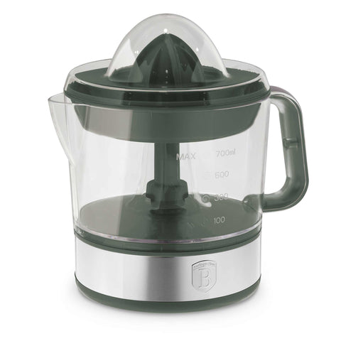 Product image of Electric citrus juicer. Part of the Matte Green Collection . Features: • Material: plastic, stainless steel • 220-240V/230VAC 50Hz 40W • Capacity: 0,7 L • Color: stainless steel- green. (Studio view). Official Berlinger Haus product, boosted by Promintra sl.