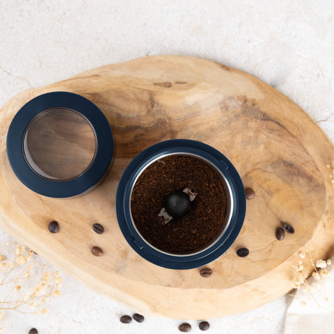 Product image of Electric coffee grinder. Part of the Deep Sea Collection . Features: • Power: 150 W • 220V-240V 50/60 Hz • Stainless steel bowl • Stainless steel blades • Color: mat blue. (Studio view). Official Berlinger Haus product, boosted by Promintra sl.