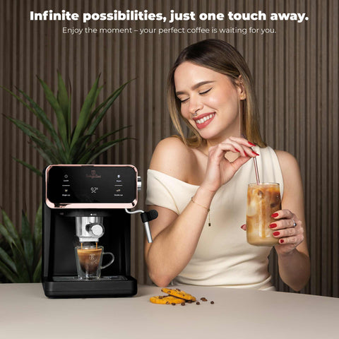 Product image of Digital espresso coffee maker 3in1. Part of the Black Rose Collection . Features: • Material: stainless steel • Power: 950 W • Voltage: 220-240V 50/60 Hz • 1L water tank • 1 and 2 cup filter • 2 in 1 plastic spoon with tamper • S.... (Studio view). Official Berlinger Haus product, boosted by Promintra sl.