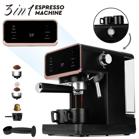 Product image of Digital espresso coffee maker 3in1. Part of the Black Rose Collection . Features: • Material: stainless steel • Power: 950 W • Voltage: 220-240V 50/60 Hz • 1L water tank • 1 and 2 cup filter • 2 in 1 plastic spoon with tamper • S.... (Studio view). Official Berlinger Haus product, boosted by Promintra sl.