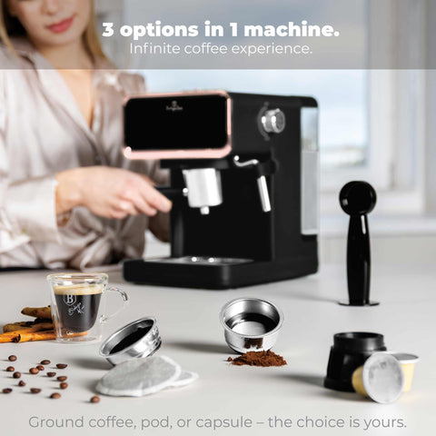 Product image of Digital espresso coffee maker 3in1. Part of the Black Rose Collection . Features: • Material: stainless steel • Power: 950 W • Voltage: 220-240V 50/60 Hz • 1L water tank • 1 and 2 cup filter • 2 in 1 plastic spoon with tamper • S.... (Studio view). Official Berlinger Haus product, boosted by Promintra sl.