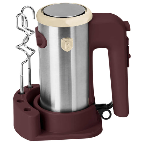 Product image of Hand mixer with stand. Part of the Leonardo Collection . Features: • Material: plastic and stainless steel • Include: • 2 pcs beaters for eggs and cream • 2 pcs hooks for mixing dough • Voltage: 220-240 V, 50/60 Hz.... (Studio view). Official Berlinger Haus product, boosted by Promintra sl.