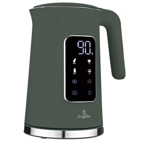Product image of Digital electric kettle. Part of the Matte Green Collection . Features: • Material: 18/10 stainless steel inside, plastic • Capacity: 1,7L • Voltage: 220-240V,50/60Hz • Power: 2200W • Length of power cord: 70-75 cm • Co.... (Studio view). Official Berlinger Haus product, boosted by Promintra sl.