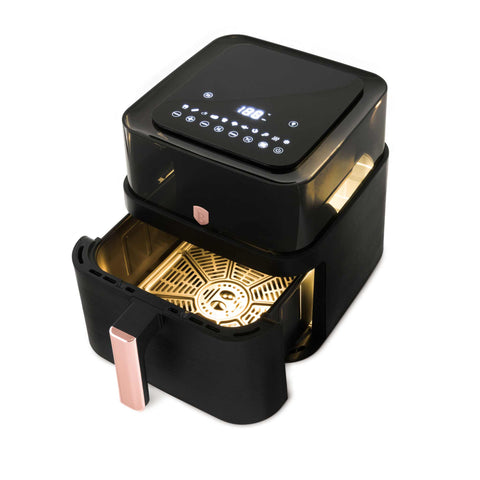 BH/9748, Freidora de aire de 7,2 L con ventana visible, color negro y oro rosa, eléctrica, digital, sin aceite, con ventana, electrodomésticos de cocina