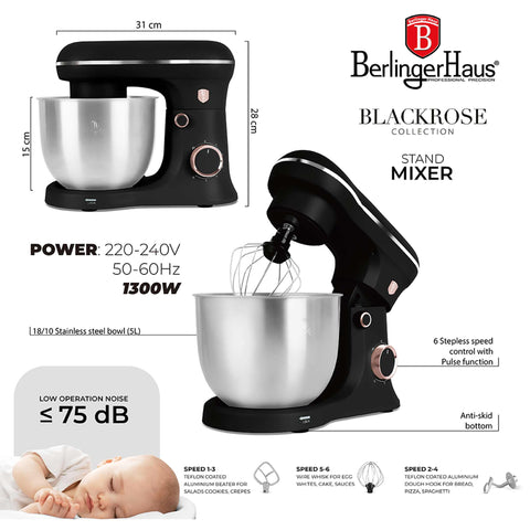 Product image of Kitchen machine. Part of the Black Rose Collection . Features: • Material: stainless steel, plastic • 1500 W, 220-240V, 50/60 Hz • Include: • 18/10 stainless steel bowl 5L • Non-stick dough hook • Non-stick bea.... (Studio view). Official Berlinger Haus product, boosted by Promintra sl.