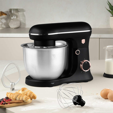 Product image of Kitchen machine. Part of the Black Rose Collection . Features: • Material: stainless steel, plastic • 1500 W, 220-240V, 50/60 Hz • Include: • 18/10 stainless steel bowl 5L • Non-stick dough hook • Non-stick bea.... (Studio view). Official Berlinger Haus product, boosted by Promintra sl.