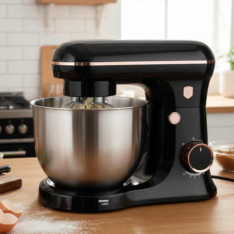 Product image of Kitchen machine. Part of the Black Rose Collection . Features: • Material: stainless steel, plastic • 1500 W, 220-240V, 50/60 Hz • Include: • 18/10 stainless steel bowl 5L • Non-stick dough hook • Non-stick bea.... (Studio view). Official Berlinger Haus product, boosted by Promintra sl.