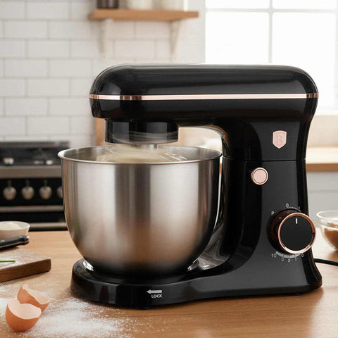 Product image of Kitchen machine. Part of the Black Rose Collection . Features: • Material: stainless steel, plastic • 1500 W, 220-240V, 50/60 Hz • Include: • 18/10 stainless steel bowl 5L • Non-stick dough hook • Non-stick bea.... (Studio view). Official Berlinger Haus product, boosted by Promintra sl.