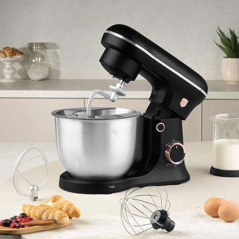 Product image of Kitchen machine. Part of the Black Rose Collection . Features: • Material: stainless steel, plastic • 1500 W, 220-240V, 50/60 Hz • Include: • 18/10 stainless steel bowl 5L • Non-stick dough hook • Non-stick bea.... (Studio view). Official Berlinger Haus product, boosted by Promintra sl.