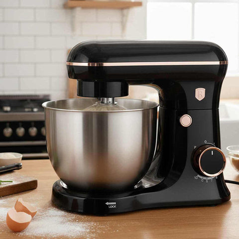 Product image of Kitchen machine. Part of the Black Rose Collection . Features: • Material: stainless steel, plastic • 1500 W, 220-240V, 50/60 Hz • Include: • 18/10 stainless steel bowl 5L • Non-stick dough hook • Non-stick bea.... (Studio view). Official Berlinger Haus product, boosted by Promintra sl.
