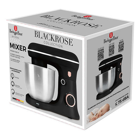 Product image of Kitchen machine. Part of the Black Rose Collection . Features: • Material: stainless steel, plastic • 1500 W, 220-240V, 50/60 Hz • Include: • 18/10 stainless steel bowl 5L • Non-stick dough hook • Non-stick bea.... (Studio view). Official Berlinger Haus product, boosted by Promintra sl.