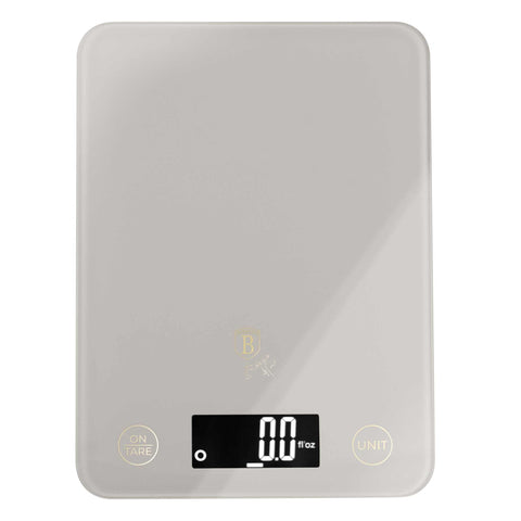 Product image of Digital glass kitchen scale capacity 5kg. Part of the Sahara Collection . Features: • Material: tempered glass and plastic • Capacity: 5 kg • Size: 19,5*14,5 cm • Weight unit: g/oz/ml/lb/fl • 2 pcs AAA battery included • Color: cream. (Studio view). Official Berlinger Haus product, boosted by Promintra sl.