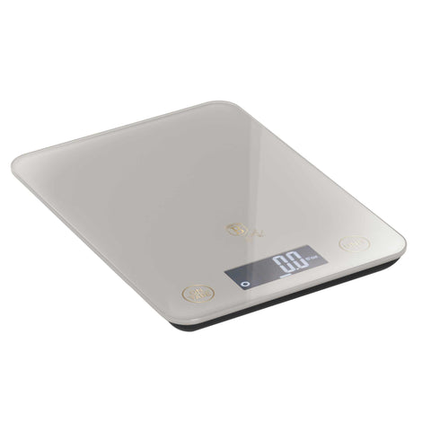 Product image of Digital glass kitchen scale capacity 5kg. Part of the Sahara Collection . Features: • Material: tempered glass and plastic • Capacity: 5 kg • Size: 19,5*14,5 cm • Weight unit: g/oz/ml/lb/fl • 2 pcs AAA battery included • Color: cream. (Studio view). Official Berlinger Haus product, boosted by Promintra sl.