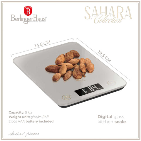 Product image of Digital glass kitchen scale capacity 5kg. Part of the Sahara Collection . Features: • Material: tempered glass and plastic • Capacity: 5 kg • Size: 19,5*14,5 cm • Weight unit: g/oz/ml/lb/fl • 2 pcs AAA battery included • Color: cream. (Studio view). Official Berlinger Haus product, boosted by Promintra sl.