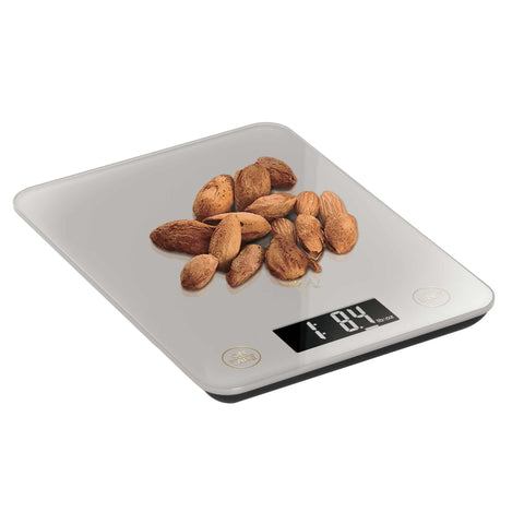Product image of Digital glass kitchen scale capacity 5kg. Part of the Sahara Collection . Features: • Material: tempered glass and plastic • Capacity: 5 kg • Size: 19,5*14,5 cm • Weight unit: g/oz/ml/lb/fl • 2 pcs AAA battery included • Color: cream. (Studio view). Official Berlinger Haus product, boosted by Promintra sl.