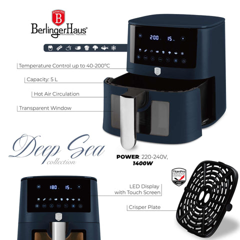  BH/9760, Freidora de aire de 5 l con ventana visible, Azul mate, Madera gris, Freidora de aire, Eléctrica, Freidora de aire digital, Freidora de aire, Aceite, Freidora sin aceite, Freidora de aire con ventana, Electrodomésticos de cocina