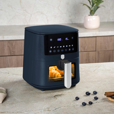  BH/9760, Freidora de aire de 5 l con ventana visible, Azul mate, Madera gris, Freidora de aire, Eléctrica, Freidora de aire digital, Freidora de aire, Aceite, Freidora sin aceite, Freidora de aire con ventana, Electrodomésticos de cocina