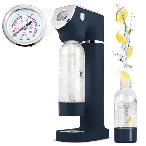 Product image of Soda maker with 2bottles and barometer universal CO2cylinders size. Part of the Deep Sea Collection . Features: • Material: stainless steel, pp • Size: 43,5*22*12 cm • 2 pcs pp bottle with cup: 1,0L and 0,5L • Universal, standard CO2 cylinders size (not inclu.... (Studio view). Official Berlinger Haus product, boosted by Promintra sl.