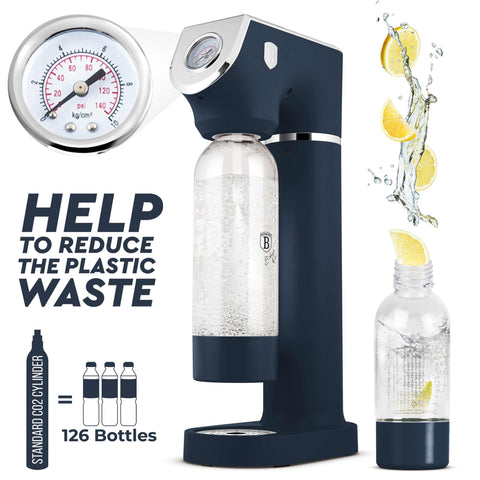Product image of Soda maker with 2bottles and barometer universal CO2cylinders size. Part of the Deep Sea Collection . Features: • Material: stainless steel, pp • Size: 43,5*22*12 cm • 2 pcs pp bottle with cup: 1,0L and 0,5L • Universal, standard CO2 cylinders size (not inclu.... (Studio view). Official Berlinger Haus product, boosted by Promintra sl.