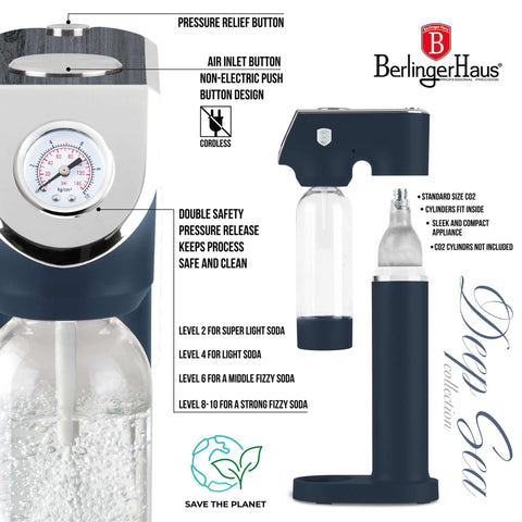 Product image of Soda maker with 2bottles and barometer universal CO2cylinders size. Part of the Deep Sea Collection . Features: • Material: stainless steel, pp • Size: 43,5*22*12 cm • 2 pcs pp bottle with cup: 1,0L and 0,5L • Universal, standard CO2 cylinders size (not inclu.... (Studio view). Official Berlinger Haus product, boosted by Promintra sl.