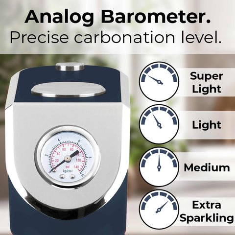 Product image of Soda maker with 2bottles and barometer universal CO2cylinders size. Part of the Deep Sea Collection . Features: • Material: stainless steel, pp • Size: 43,5*22*12 cm • 2 pcs pp bottle with cup: 1,0L and 0,5L • Universal, standard CO2 cylinders size (not inclu.... (Studio view). Official Berlinger Haus product, boosted by Promintra sl.
