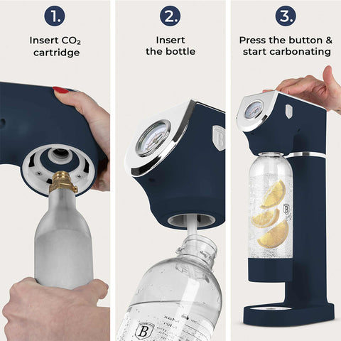 Product image of Soda maker with 2bottles and barometer universal CO2cylinders size. Part of the Deep Sea Collection . Features: • Material: stainless steel, pp • Size: 43,5*22*12 cm • 2 pcs pp bottle with cup: 1,0L and 0,5L • Universal, standard CO2 cylinders size (not inclu.... (Studio view). Official Berlinger Haus product, boosted by Promintra sl.