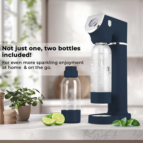 Product image of Soda maker with 2bottles and barometer universal CO2cylinders size. Part of the Deep Sea Collection . Features: • Material: stainless steel, pp • Size: 43,5*22*12 cm • 2 pcs pp bottle with cup: 1,0L and 0,5L • Universal, standard CO2 cylinders size (not inclu.... (Studio view). Official Berlinger Haus product, boosted by Promintra sl.