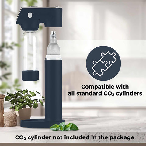 Product image of Soda maker with 2bottles and barometer universal CO2cylinders size. Part of the Deep Sea Collection . Features: • Material: stainless steel, pp • Size: 43,5*22*12 cm • 2 pcs pp bottle with cup: 1,0L and 0,5L • Universal, standard CO2 cylinders size (not inclu.... (Studio view). Official Berlinger Haus product, boosted by Promintra sl.