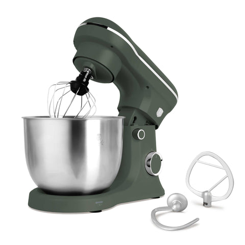 Product image of Kitchen machine. Part of the Matte Green Collection . Features: • Material: stainless steel, plastic • 1500 W, 220-240V, 50/60 Hz • Include: • 18/10 stainless steel bowl 5L • Non-stick dough hook • Non-stick bea.... (Studio view). Official Berlinger Haus product, boosted by Promintra sl.