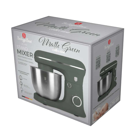 Product image of Kitchen machine. Part of the Matte Green Collection . Features: • Material: stainless steel, plastic • 1500 W, 220-240V, 50/60 Hz • Include: • 18/10 stainless steel bowl 5L • Non-stick dough hook • Non-stick bea.... (Studio view). Official Berlinger Haus product, boosted by Promintra sl.