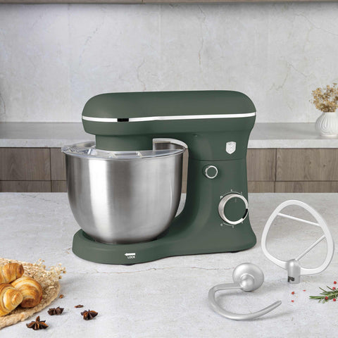 Product image of Kitchen machine. Part of the Matte Green Collection . Features: • Material: stainless steel, plastic • 1500 W, 220-240V, 50/60 Hz • Include: • 18/10 stainless steel bowl 5L • Non-stick dough hook • Non-stick bea.... (Studio view). Official Berlinger Haus product, boosted by Promintra sl.