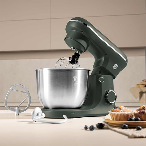 Product image of Kitchen machine. Part of the Matte Green Collection . Features: • Material: stainless steel, plastic • 1500 W, 220-240V, 50/60 Hz • Include: • 18/10 stainless steel bowl 5L • Non-stick dough hook • Non-stick bea.... (Studio view). Official Berlinger Haus product, boosted by Promintra sl.