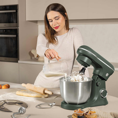 Product image of Kitchen machine. Part of the Matte Green Collection . Features: • Material: stainless steel, plastic • 1500 W, 220-240V, 50/60 Hz • Include: • 18/10 stainless steel bowl 5L • Non-stick dough hook • Non-stick bea.... (Studio view). Official Berlinger Haus product, boosted by Promintra sl.